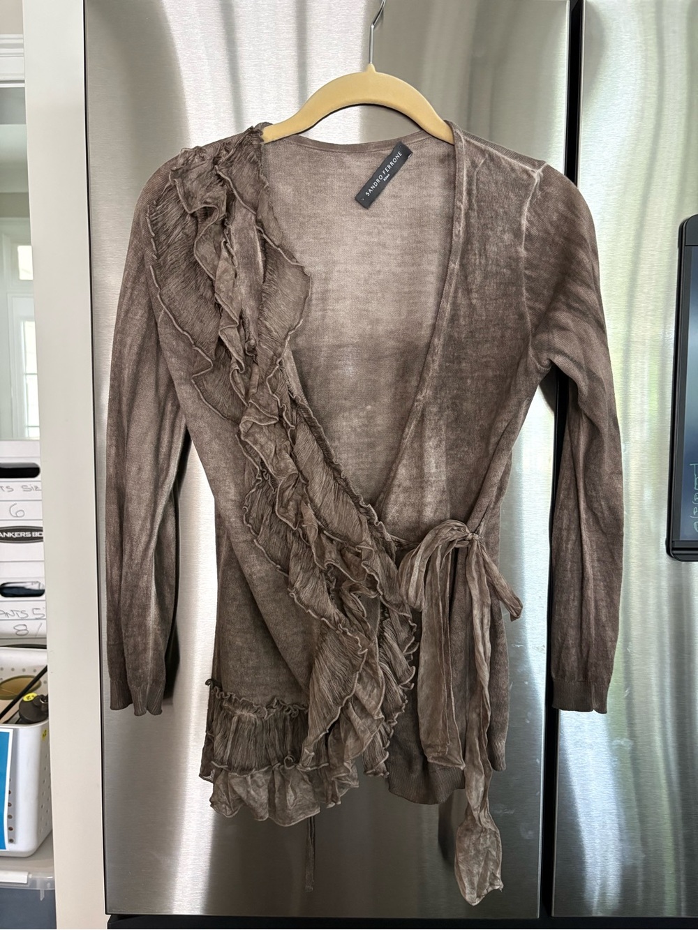 Sandro Ferrone designer Lightweight Ruffle Wrap Cardigan in Taupe